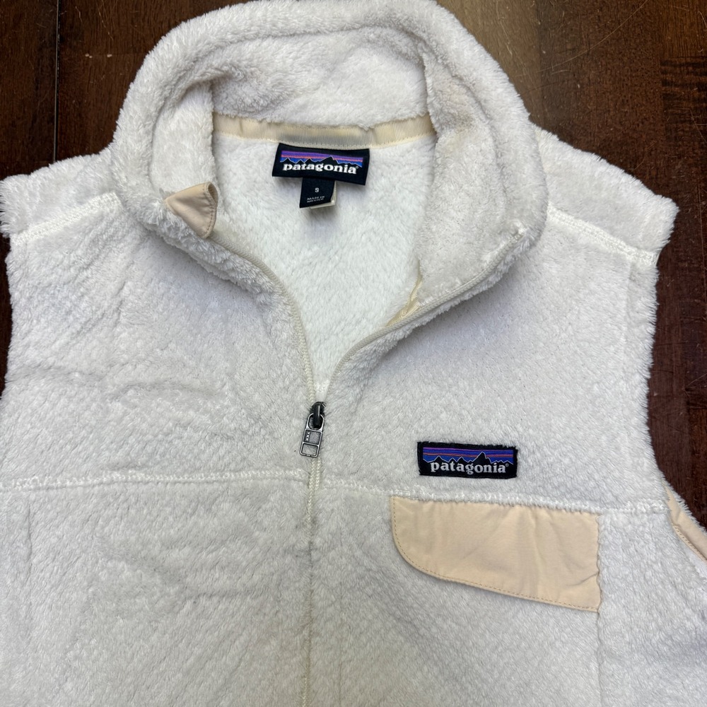 Patagonia Re-Tool Women's Small Fleece Vest Ivory Cream Trim Full Zip Logo Patch